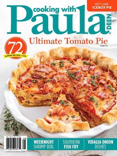 the cover of cooking with paula magazine, featuring a plate of pizza and one slice missing