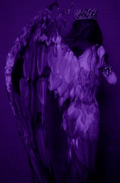 an angel with wings and a crown on her head is standing in front of a purple background