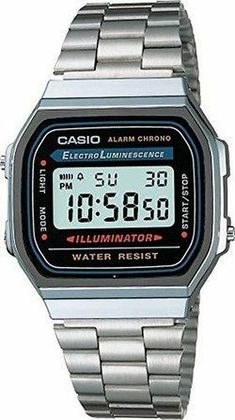 Brand NEW!   This classic Casio watch design never times out of fashion. Made with a stainless steel case, bezel and matching link bracelet, the Electro Luminescence features a digital display with EL Backlight and a convenient day-and-date calendar. With its daily alarm, hourly time signal and auto calendar, you'll never need to worry about missing another appointment, and sports lovers will make quick use of its 1/100 second digital stopwatch. Powered by quartz movement, this timeless Casio watch is equipped with a seven-year battery life.   Quartz movement Protective mineral crystal protects watch from scratches Case diameter: 32 mm EL Backlight, 37.5 x 33.5 x 9.5mm / 58g   - All international buyers are responsible for all tax, duties and/or customs fees. Casual Watches With Analog Display And Rectangular Dial, Casual Silver Watches With Subdials, Casual Silver Chronograph Watch With Round Dial, Casual Silver Watch With Stopwatch, Silver Casual Watch With Metal Dial, Casual Silver Watch With Metal Dial, Casual Silver Watch With Metallic Dial, Retro Watch Accessories With Analog Display, Casual Silver Chronograph Watch