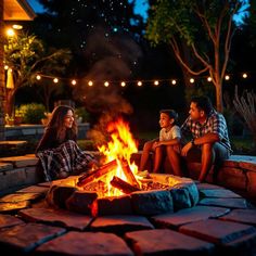 three people sitting around a fire pit at night