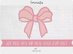 a pink bow with the word jef - pes vb - vrp - h