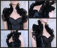 Lacy ruffles, pitch black noir, gothic formal, black tie The main fabric is a shimmery double ruffle of Pitch Black colored Bridal Tulle. Then another double ruffle of Shiny Black PVC (pleather). The edges are trimmed in contrasting Black piping. This elegant wrap is perfect for a little Formal Style. This is exactly what you need for a big event where you want to be remembered! This is such a quick way to add so much style to your evening wear. Once you get it, you are going to wonder why you w Elegant Halloween Party Corset, Black Gothic Corset For Evening, Party Satin Corset With Ruffles, Gothic Ruffles Corset For Party, Gothic Ruffled Corset For Party, Halloween Party Corset With Ruffles, Elegant Black Corset With Ruffles, Evening Corset With Ruffles, Overbust Corset With Ruffles For Costume