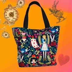 Alice in Wonderland Tote bag purse, this super cute bag made with Linen cotton canvas fabric. fully lined with durable black cotton canvas.  The bag is a perfect size (not too big yet not too small) and smart and making.  It a true go-anywhere, carry-everything bag. Plenty of room to hold lots of stuff. Fully lined.    This fabric designed by the famous Rifle Paper Co. for Cotton + Steel, travel down the rabbit hole with this Alice in Wonderland inspired collection, featuring whimsical prints with beautiful coordinating color ways. This premium Linen cotton print fabric is made in Japan. This print features Alice and her Wonderland friends, like the White Rabbit, the Cheshire Cat, the Queen of Hearts, and the Queen's playing cards. Colors include navy, sky blue, shades of green, beige, yel Alice In Wonderland Bag, Whimsical Alice In Wonderland, Knitting Project Bag, Color Ways, Linen Canvas, Project Bag, Cheshire Cat, Tote Bag Purse, Green Beige