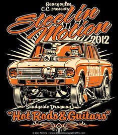 an orange and white car with the words hot rod & guitars on it