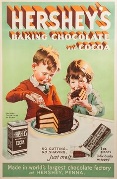 an advertisement for hershey's baking chocolate and cocoa, with two children eating cake