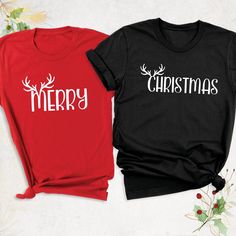 Matching Christmas Couples Shirt, Merry Christmas Family Shirt, Wife and Husband Christmas Shirt, Xmas Holiday Shirt, Couple Holiday T-Shirt Hello, Thanks for your support. Your gladness comes first and all work is done with LOVE in here. Always keep your support, please:)  Matching Christmas Couples Shirts are branded Bella+Canvas.   Matching Christmas Couples Shirt Contents: - Solid colors: %100 Cotton. - Heather colors: %52 Cotton + %48 Polyester* This ultra-soft graphic tee is made from a co Red Cotton Shirt For Christmas, Winter Gift Shirt With Letter Print, Festive Christmas Cotton Shirt, Winter Letter Print Shirt For Gift, Winter Letter Print Shirt Gift, Holiday Cotton Shirt, Cotton Shirt For The Holiday Season, Christmas Festive Tops With Letter Print, Festive Christmas Letter Print Tops