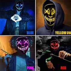 four different pictures with the same person wearing neon masks on their faces, and one has an arrow in his hand