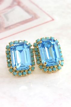 Blue Clip-on Earrings For A Gift, Blue Clip-on Earrings For Gift, Blue Clip-on Earrings As Gift, Bridal Statement Earrings, Aquamarine Studs, Blue Stud Earrings, Crystal Bridal Earrings, Luxury Earrings, Blue Bridal