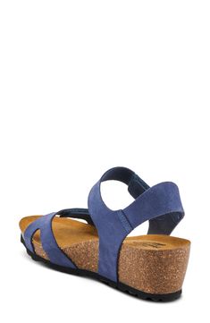 Adjustable straps allow for a customized fit on a supple suede sandal lifted by a modest platform and cork-wrapped wedge heel. 2" heel; 3/4" platform Adjustable straps with hook-and-loop closures Contoured footbed Leather upper and lining/synthetic sole Made in Spain Adjustable Round Toe Wedge Sandals With Cork-bed Midsoles, Cork Sandals With Heel Strap And Wedge Heel, Open Toe Cork Wedge Sandals With Heel Strap, Cork Wedge Sandals With Removable Insole And Ankle Strap, Cork Wedge Sandals With Heel Strap And Round Toe, Cork Open Toe Sandals With Heel Strap, Adjustable Suede Sandals With Heel Loop, Suede Sandals With Leather Footbed And Wedge Heel, Cork Wedge Sandals With Textured Footbed