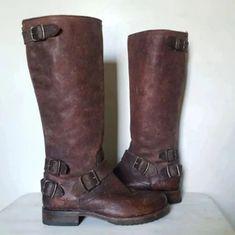 Frye Veronica Tall Back Zip Tall Buckle Harness Brown Distressed Leather Riding Boots. They Are Excellent Condition And Were Only Worn A Couple Of Times. They Are Thick Leather And Heavy Duty Boots. They Were Factory Stonewashed To Look Distressed. Womens Size 6 Tall Knee High Leather Flat Riding Fall Winter Casual Comfy Dress Farm Cowgirl Cowboy Pull Moto Harness Button Leather Boots Brown, Heavy Duty Boots, Tall Brown Leather Boots, Frye Veronica, Cowgirl Cowboy, Comfy Dress, Tall Leather Boots, Comfy Dresses, Leather Riding Boots