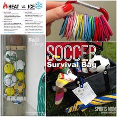 there is a collage of pictures with different items in it and the words soccer survival bag