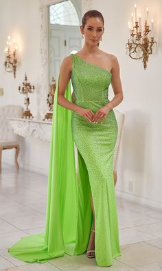 Shop one-shoulder beaded long formal dresses with capes at PromGirl. Find long special-occasion dresses for prom, beaded evening gowns with capes, and open-back formal dresses with double side slits. Long One Shoulder Dress, Apple Green Dress, One Shoulder Prom Dress, Gorgeous Prom Dresses, Military Ball Dresses, Perfect Prom Dress, Illusion Dress, Pageant Dresses, Apple Green