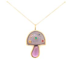 By Brent Neale 18K Yellow Gold Carved blue chalcedony and amethyst inlay 5 multi-colored stone cabochons Dimensions: 2.75cm x 2cm Pendant 16" Chain Made to order. Please allow 3-4 months for production and shipment Yellow Gold Multi-stone Cabochons For Gift, Fine Jewelry Multi-stone Cabochons As Gift, Brent Neale, Small Mushroom, Mushroom Necklace, Cabochons Stones, Blue Chalcedony, Bling Bling, Multi Colored