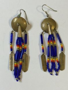 Beautiful NA drop dangle brass Earrings. Yellow Chandelier, Tassels Earrings, Native American Earrings, Beaded Tassels, Brass Earrings, Tassel Earrings, Orange Yellow, Blue Orange, Jewelry Earrings Dangle