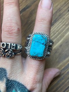 A big boy ring for sure! This is a sterling silver ring with stamped and beaded accents and a roped bezel with a nice piece of Kingman turquoise. This is a one of a kind ring completely handmade by me!  Size is a 13.5 Stone size is 11mm x 19mm Every piece is handmade by me with luv in Arizona! Handmade Western Turquoise Ring In Sterling Silver, Boy Ring, Tempe Az, Kingman Turquoise, Big Boy, Rings Statement, Sterling Silver Ring, Turquoise Ring, Jewelry Inspiration