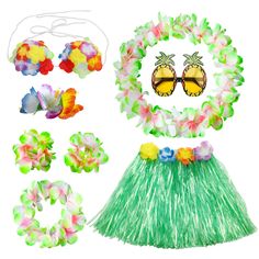 hawaiian hula skirt, sunglasses and flower leis with butterfly decorations on white background