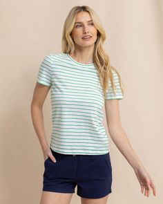 Coastal comfort is easy to achieve in a soft and standard striped tee. This soft cotton crew neck serves as the best base layer for an optimal oceanside outfit. Style: 10819 Summer Short Sleeve T-shirt With Striped Hem, Relaxed Fit Crew Neck T-shirt With Horizontal Stripes, Casual Fitted Top With Striped Hem, Everyday Horizontal Stripe Crew Neck T-shirt, Casual Fitted Tops With Horizontal Stripes, Spring Horizontal Stripe T-shirt For Everyday, Striped Cotton Crew Neck Top, Casual Horizontal Stripe Pattern T-shirt For Everyday, Spring Horizontal Stripe T-shirt