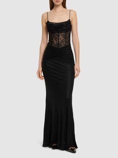 Laminated jersey long dress w/ lace - Alessandra Rich - Women | Luisaviaroma Strapless Evening Dress, Sleek Dress, Satin Dress Long, Cute Dress Outfits, Sheer Lace Top, Satin Short, Alessandra Rich, Rich Women, Maxi Jersey Dress