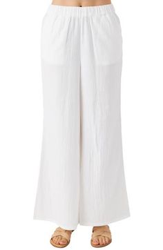 Crinkled double cotton gauze feels cool and airy against your skin in these pants with a comfortable elastic waist and flowy wide-leg silhoutte. Elastic waist Front slant pockets 100% cotton Machine wash, tumble dry Imported Breezy White Wide Leg Bottoms, White Breezy Wide Leg Bottoms, White Wide Leg Breezy Bottoms, Spring Cotton Bottoms With Crinkle Texture, Spring Wide-leg Crinkle Texture Pants, Spring Wide-leg Pants With Crinkle Texture, Summer Loungewear Bottoms With Crinkle Texture, Summer Loungewear Pants With Crinkle Texture, Summer Wide Leg Bottoms With Crinkle Texture