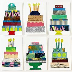 four cards with different types of birthday cakes and candles on top of each card are shown