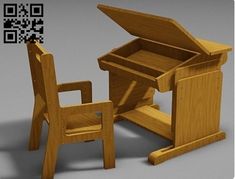 a wooden desk with two chairs next to it