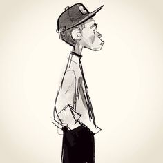 a black and white drawing of a man wearing a baseball cap with his hand on his hip