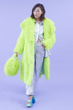 JAYLEY Faux Fur Bamboo Checked Maxi Coat - Womenswear from Jayley US UK Yellow Checkered, Faux Fur Bag, Green Fur, Leather Coat Jacket, Catwalk Collection, Cashmere Gloves, Textured Jacket, Maxi Coat, Christmas Shop