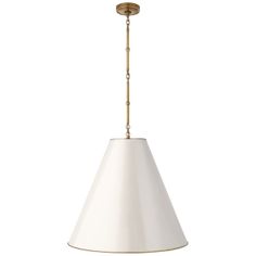 a white light hanging from a ceiling fixture with a gold chain on the end and a beige shade