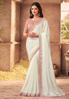 Buy Eid Special Saree Party wedding wear dresses Off white silk festival wear saree 914 online in USA, UK and Canada from KollyBollyEthnics.com Bollywood Sarees Online, White Saree, Wedding Saree Indian, Art Silk Sarees, Wear Saree, Georgette Fabric, Traditional Sarees, Bollywood Saree, Party Wear Sarees