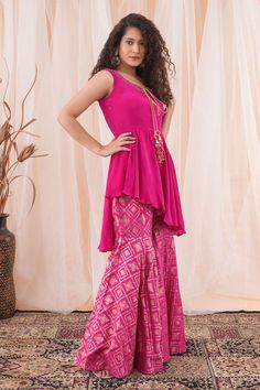 Hot pink crepe peplum top with cutdana hand embroidery. Comes with banarasi brocade sharara. - Aza Fashions Brocade Sharara, Top And Sharara Set, Banarasi Brocade, Sharara Set, Pink Top, Set For Women, Pink Tops, Aza Fashion, Fashion Set