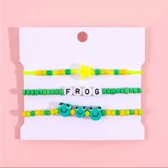 Frog Bracelet Set X3 Polymer Clay/ Beaded Green Brand New Boutique Item Bundle And Save Offers Welcome Dm For Deals Discount Details Daisy Bead Bracelet, Frog Bracelet, Smiley Daisy, Purple Beaded Bracelets, Blessing Bracelet, Polymer Clay Bracelet, Howlite Bracelet, Slide Bracelet, Rustic Cuff