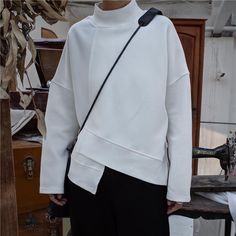 Women's Spring Long-Sleeved Loose Sweatshirt | ZORKET | ZORKET White Hoodie With Ribbed Collar For Fall, White Oversized Turtleneck Sweatshirt, Oversized White Turtleneck Sweatshirt, White Casual Funnel Neck Sweater, Casual White Funnel Neck Sweater, White Funnel Neck Casual Sweater, White Oversized Funnel Neck Top, Oversized White Funnel Neck Top, White Funnel Neck Sweatshirt For Winter