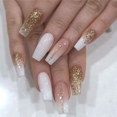 Matte White Nails, 2019 Nails, French Fade, Gold Acrylic Nails, Gold Glitter Nails, White Acrylic Nails, Instagram White, White Nail Designs, White French