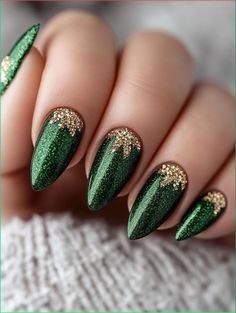 Deck the halls and your nails with these fabulous green Christmas designs! Indulge in 30 magical ideas that capture the essence of yuletide joy. From twinkling emerald aurora borealis effects to frosty pine cone accents, these nail art creations will transport you to a winter wonderland. Mix and match patterns for a playful look or stick to a theme for elegant charm. Perfect for spreading holiday cheer wherever you go. Green With Gold French Tip Nails, Gold And Green Nails Ideas, Christmas Nails Medium Almond, Elf Inspired Nails, Xmas Nails Red And Green, Green And Black Christmas Nails, Red Green Gold Christmas Nails, Green And Gold Winter Nails, Green Christmas Toe Nails