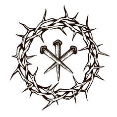 the cross and two crossed swords in a crown of thorns tattoo design on a white background