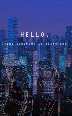 an image of two people in front of a cityscape with the words hello