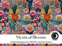 an image of some flowers and plants with the words, mysticial blooms 4 digital backgrounds