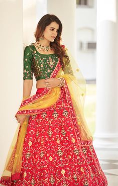 This Lehenga Choli is Ready to Wear A stunning lehenga with beautiful Thread with Sequence Embroidered blouse, dupatta and lehenga, designed specially for wedding season Blouse & Lehenga Fabric - Silk Inner Fabric - Santoon Dupatta Fabric - Net Color - Red/Green Style - Partywear, Engagement, Sangeet Lehenga Embroidery - Thread with Sequence Embroidered Choli Length - 16 Inches Lehenga Length - 44 Inches Dupatta Length - 2.30 Mtrs NOTE: Originally stitched in size 34 & 42 but can be altered for Green Yellow Lehenga, Sangeet Lehenga, Lehenga Online Shopping, Blouse Lehenga, Saree Petticoat, Yellow Lehenga, Full Sleeve Blouse, Green Thread, Net Blouses