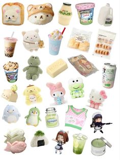 there are many stuffed animals and food items