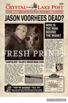 Horror Movie Newspaper, Movie Newspaper, Newspaper Wall, Friday The 13th Jason, Jason Vorhees, Camp Crystal Lake, Newspaper Printing, Horror Movie Art, News Article