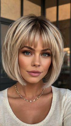 Short Bob Hairstyles Bright Blonde Balayage Short Hair, Hair Bangs And Layers, Hairstyles Professional, Bangs And Layers, Trendy Bob, Short Blonde Bobs, Hair Maintenance Tips, Bob Cuts, Saving Techniques