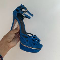 Sz 37 Nib Initially Priced At $496 Lesilla Heels Chic Blue Heels With Heel Strap, Elegant High Heel Blue Sandals, Elegant Blue Heels For Night Out, Elegant Suede Platform Heels, Blue Ankle Strap Sandals For Gala, Elegant Blue Sandals With 4-inch Heel, Blue Leather Heels For Night Out, Chic Blue Ankle Strap Heels, Elegant Blue Sandals With Padded Heel