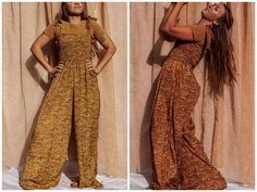 "🌞Our favorite silk hippie boho wide leg jumper is back! Now in 3 gorgeous colors. Fits XS-2X. Has pockets and a Stretchy top fitting comfortably up to 44\" waist and bust. 🔥Tie straps allow for strapless fit or shoulder bows! 🌍Length fits best on heights 5'5\" to 6' OR wear with heels/boots for heights 5'4\" and shorter. 🌲SMALL BATCH LIMITED RELEASE- once these prints sell out they won't return! We may* restock with new prints once made in 4-6 weeks. Ethically and sustainably handmade for G Bohemian Jumpsuits And Rompers For Fall, Bohemian Wide Leg Jumpsuits And Rompers For Vacation, Bohemian Fitted Wide Leg Jumpsuits And Rompers, Summer Festival Stretch Jumpsuits And Rompers, Fitted Bohemian Jumpsuits And Rompers, Bohemian Fitted Overall Jumpsuits And Rompers, Bohemian Relaxed Fit Overall Jumpsuit, Bohemian Fitted Jumpsuits For Festivals, Hippie Orange Wide Leg Bottoms