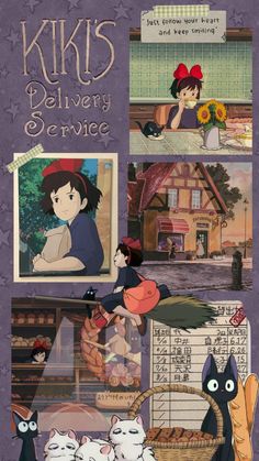 an advertisement for kiki's delivery service with cats and kittens in the background