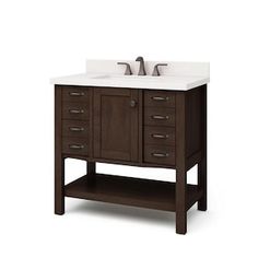 an image of a bathroom vanity with two sinks on it's sides and one drawer under the sink