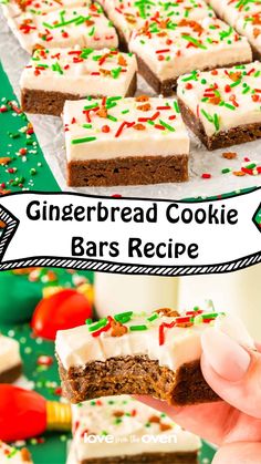 a person holding a piece of gingerbread cookie bar recipe