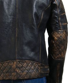 Black Genuine Leather Distressed Quilted Panel Jacket Introducing the men's distressed black biker jacket, a timeless piece of outerwear that exudes edgy yet polished allure. Especially crafted for all our biking enthusiasts, this black jacket is bound to become your most cherished piece in your wardrobe. A closet staple and must-have, this distressed biker jacket showcases unmatched versatility, allowing you to adorn this jacket at any event or outing, whether it is a casual hangout with friends, a night exploring the city, a morning at the farmers market, a BBQ party, or much more. The design features a diamond-quilted design on the shoulders, elbows, and back, which adds a distinctive yet stylish look to the jacket. Crafted with great attention to detail, this black distressed biker jac Distressed Brown Biker Outerwear With Long Sleeves, Distressed Brown Long Sleeve Outerwear For Biker Events, Distressed Moto Style Outerwear, Distressed Moto Outerwear For Winter, Winter Distressed Moto Outerwear, Distressed Moto Winter Outerwear, Winter Moto Distressed Outerwear, Fitted Black Distressed Outerwear, Distressed Vintage Biker Jacket