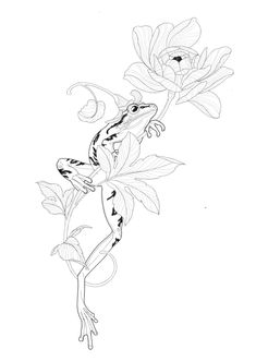 a drawing of a lizard sitting on top of a tree branch with flowers in the background