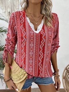 Women's Drawstring Sleeve Blouse With Paisley Pattern Red Boho  Three Quarter Length Sleeve Woven Fabric Geometric,Paisley,Tribal Top Slight Stretch  Women Clothing, size features are:Bust: ,Length: ,Sleeve Length: Red Bohemian Blouse With Paisley Print, Red Long Sleeve Blouse With Paisley Print, Summer Paisley Print Top With 3/4 Sleeves, Red V-neck Blouse With Paisley Print, Chic V-neck Paisley Print Tops, Red Boho, Paisley Pattern, Blouses, Woven Fabric