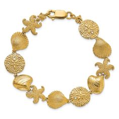 14k yellow gold textured starfish, shell and clam link bracelet. Measures approximately 1/2 of an inch in width and has a lobster claw clasp. Gold Starfish Bracelet With Starfish Charm, Ocean-inspired Gold Shell Bracelets, Gold Ocean-inspired Starfish Bracelets, Chain Charm Bracelet, Starfish Bracelet, Beach Bracelets, Nautical Jewelry, Gold Bracelet For Women, Shell Bracelet